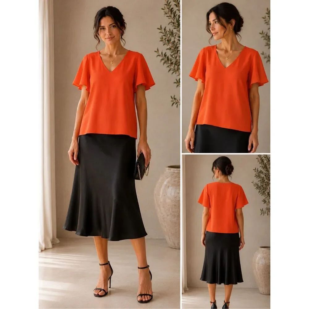 H&M Limited Edition Orange Red V Neck Flutter Sleeve Blouse Top Size 8